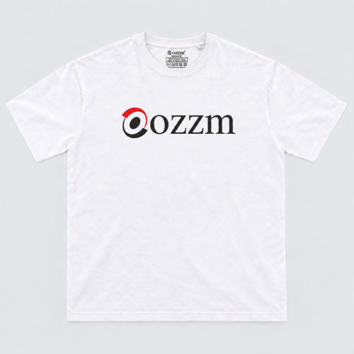 OZZM white cotton T-shirt with red and black horizontal logo, front view